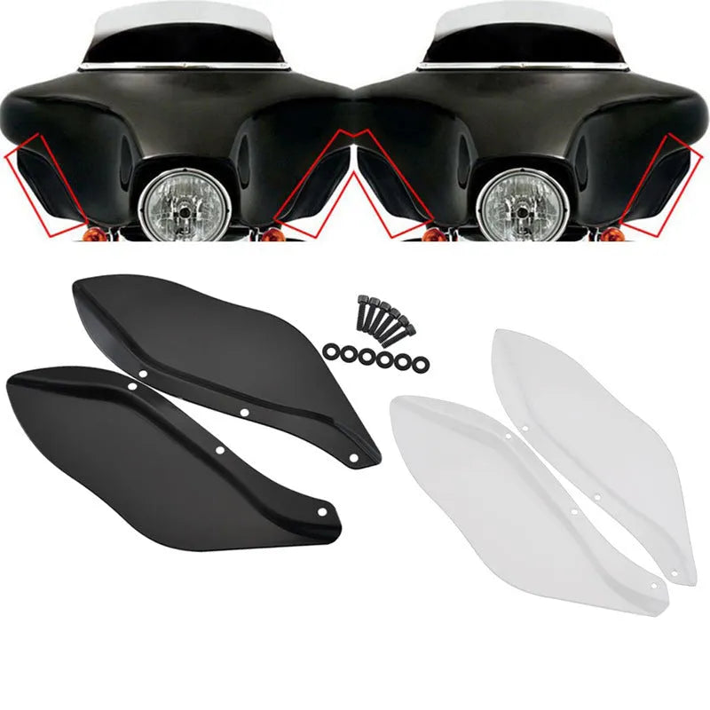 Pair of left and right black ABS plastic side wing head covers for Harley Davidson motorcycle.