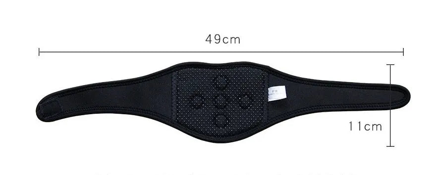 Black self-heating magnetic therapy neck guard with adjustable shoulder strap on a grey background.