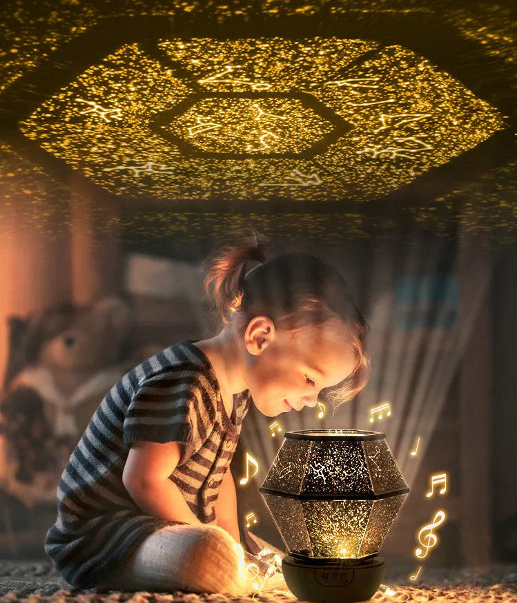 Children's rotating star night light showing three colour LED illumination in bedroom setting