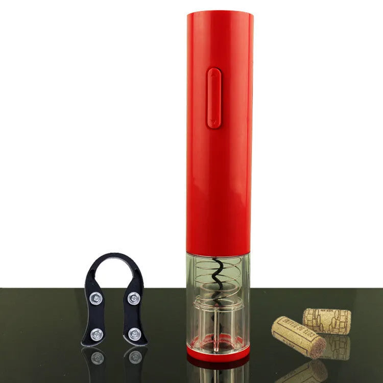 Black automatic electric wine bottle opener with foil cutter on silver wine bottle
