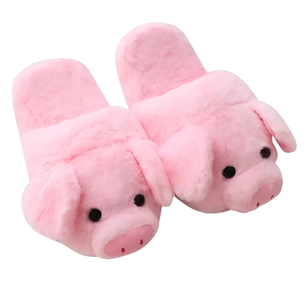 Pink plush pig-themed floor slippers on a white background.