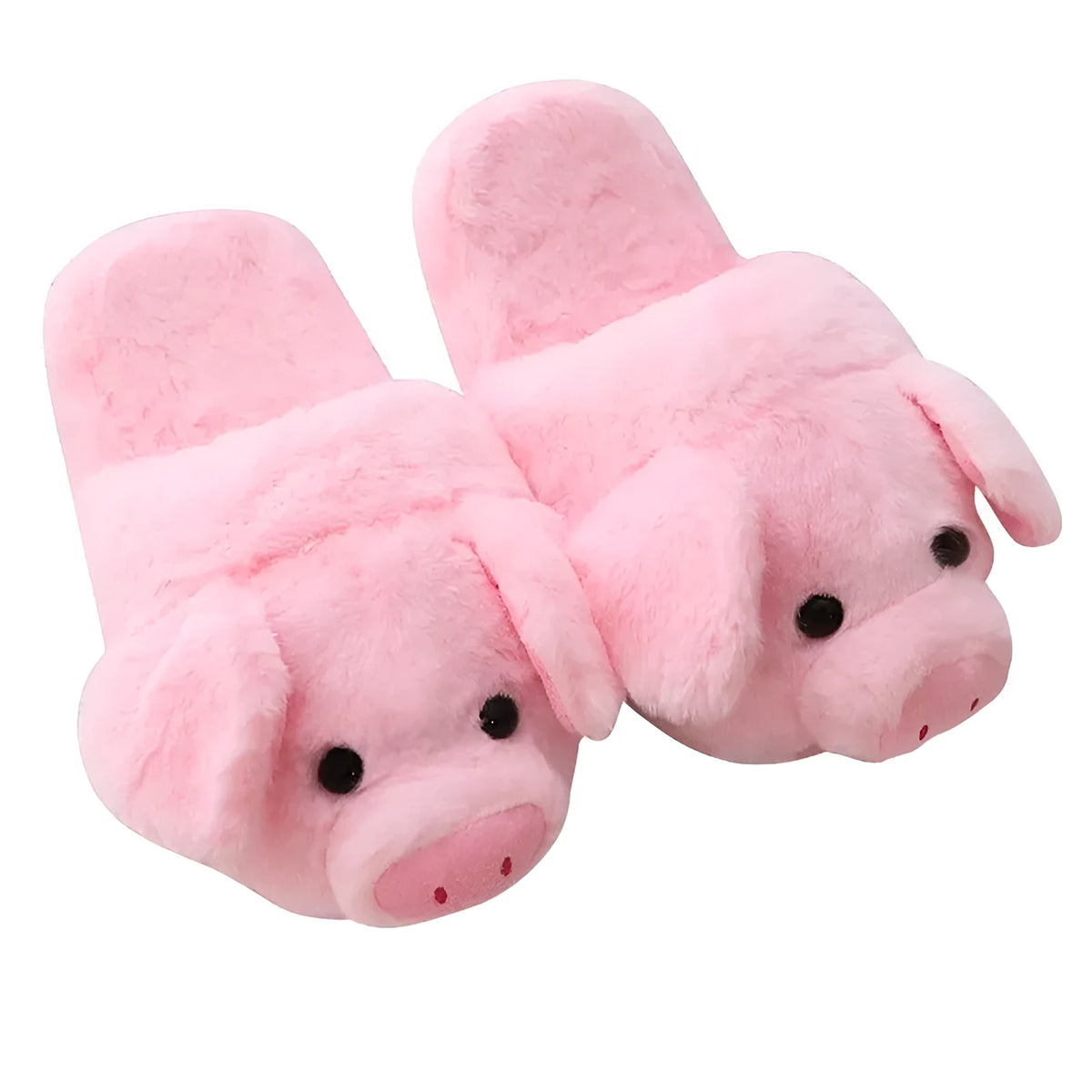 Pink plush pig-themed floor slippers on a white background.