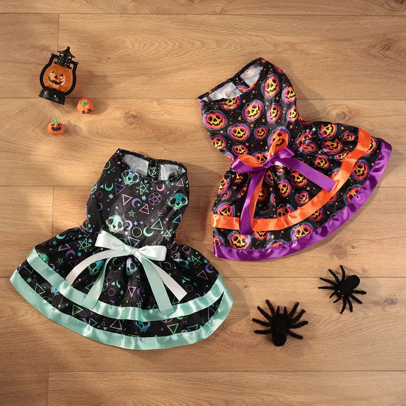 Halloween dog skirt with colourful pumpkin pattern and elastic waistband
