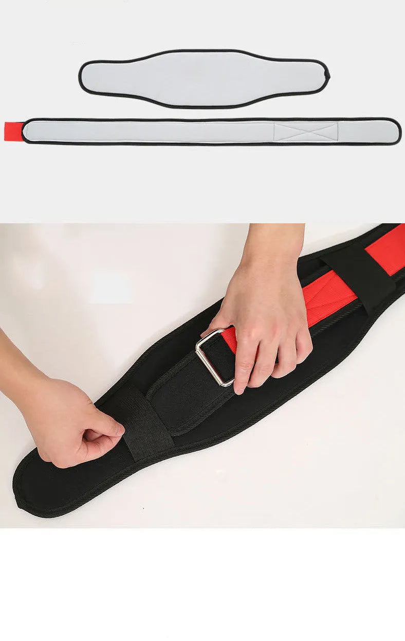 Nylon fitness weightlifting belt for adults on a gym floor, shown in black, red, and yellow colour options.