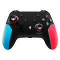 Switch Bluetooth wireless gamepad in left blue and right red colour scheme next to a Nintendo Switch console.