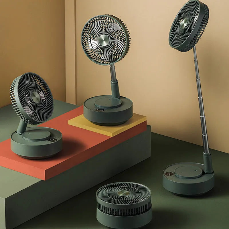 Green and white storage floor electric fan with telescopic design showing desktop and vertical configurations