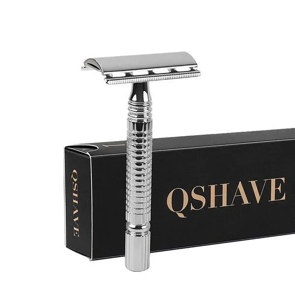 Chrome-plated brass double edged safety razor with blade and storage box.
