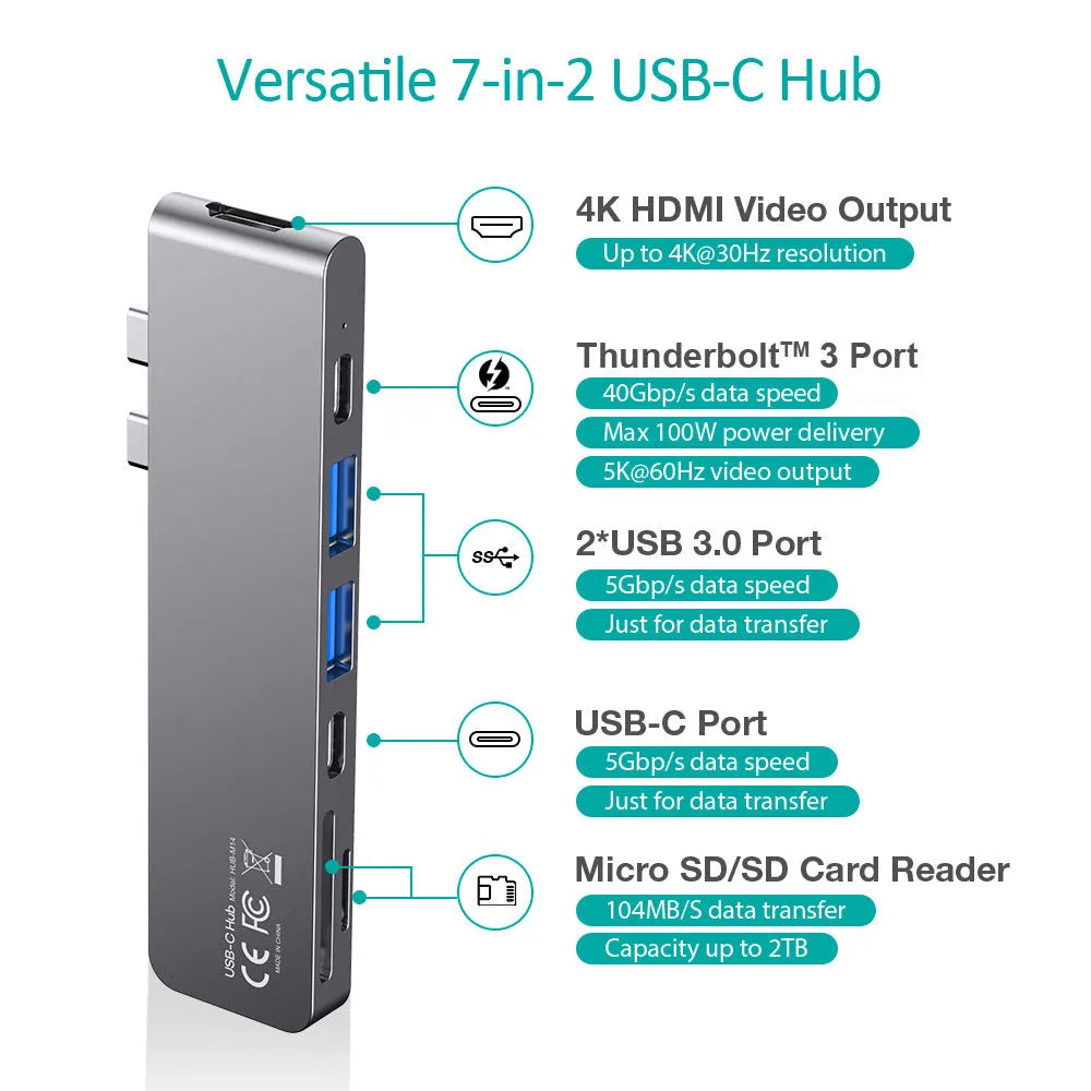 Aluminium alloy USB-C hub adapter with SD card reader, HDMI, USB 3.0 ports and Power Delivery charging