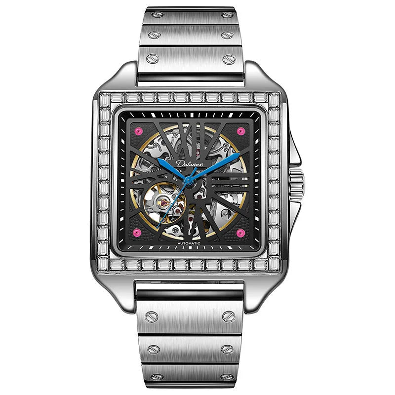 Men's square automatic watch with diamond studs on steel or leather strap