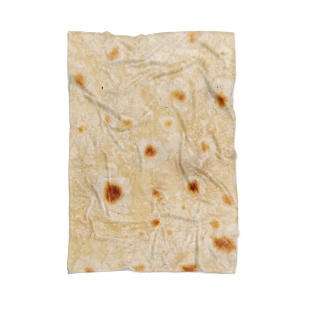 Round coral fleece burrito blanket with a food-themed print, shown folded.