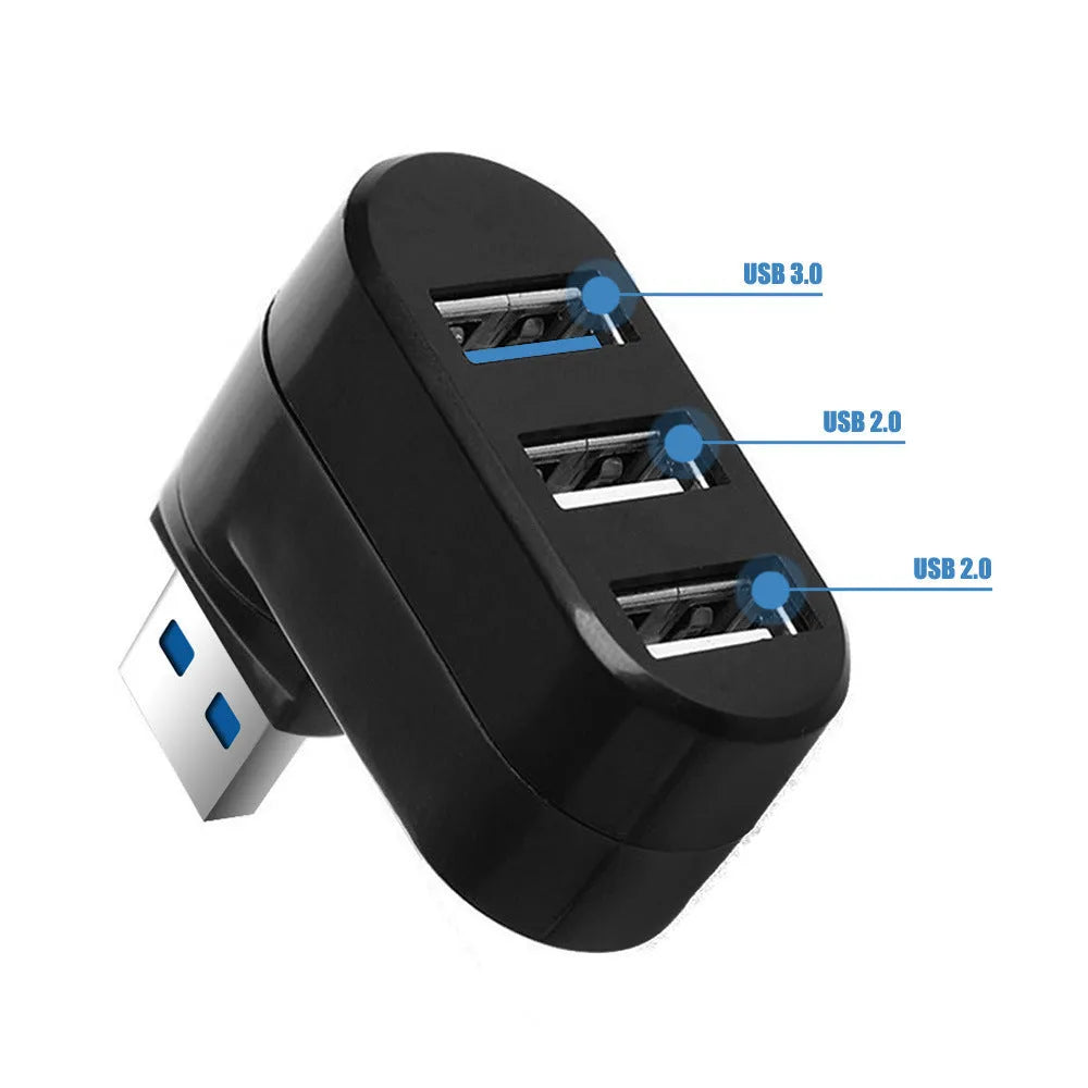Black and white USB rotary splitter hub showing four USB 3.0 ports on a compact ABS plastic body
