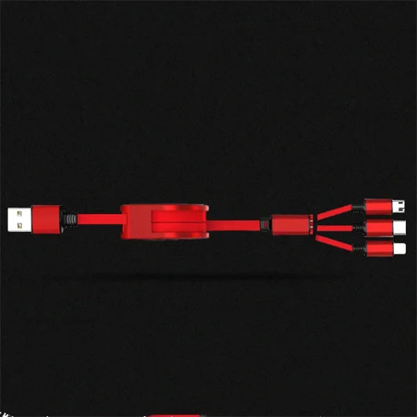 Black telescopic charging cable with three connector types extended to 120cm length