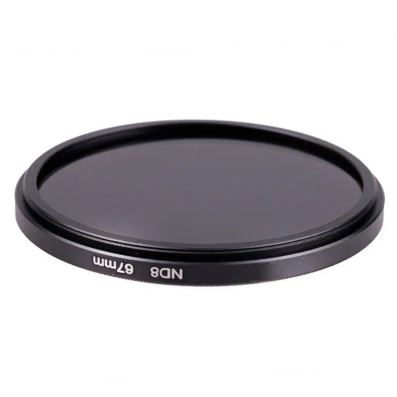 ND8 neutral density camera filter with silver aviation aluminium frame for lens attachment.