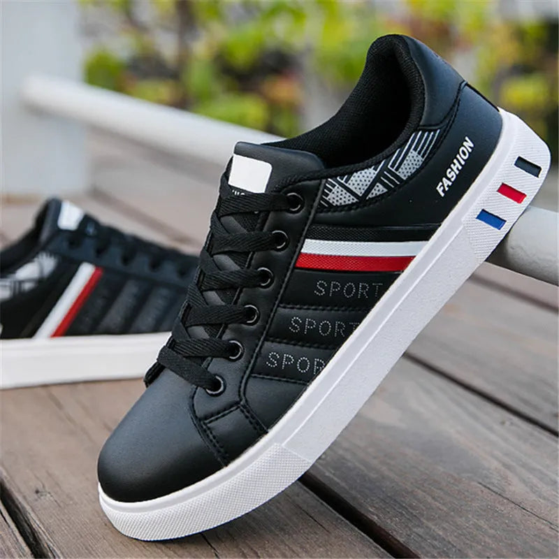 Men's sports shoes in black, also available in grey and white, showing EU size labels.