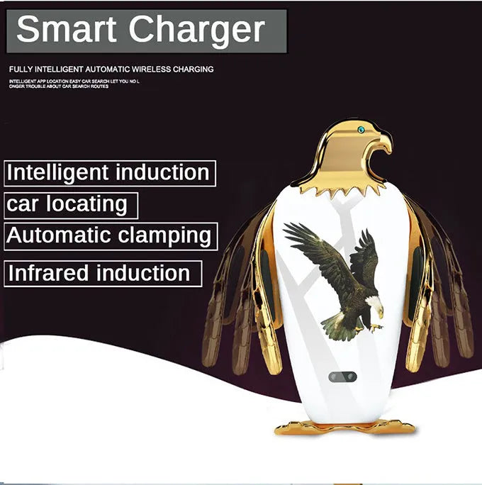 Black and gold wireless charging car phone holder with suction cup mount on a car dashboard.