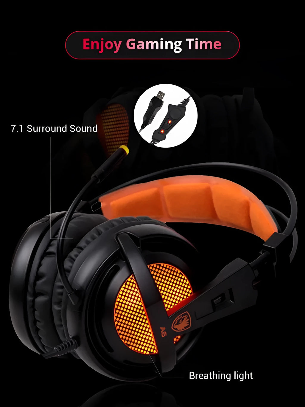 Black and white USB gaming headset with LED lights on ear cups, showing padded headband and ear cushions.