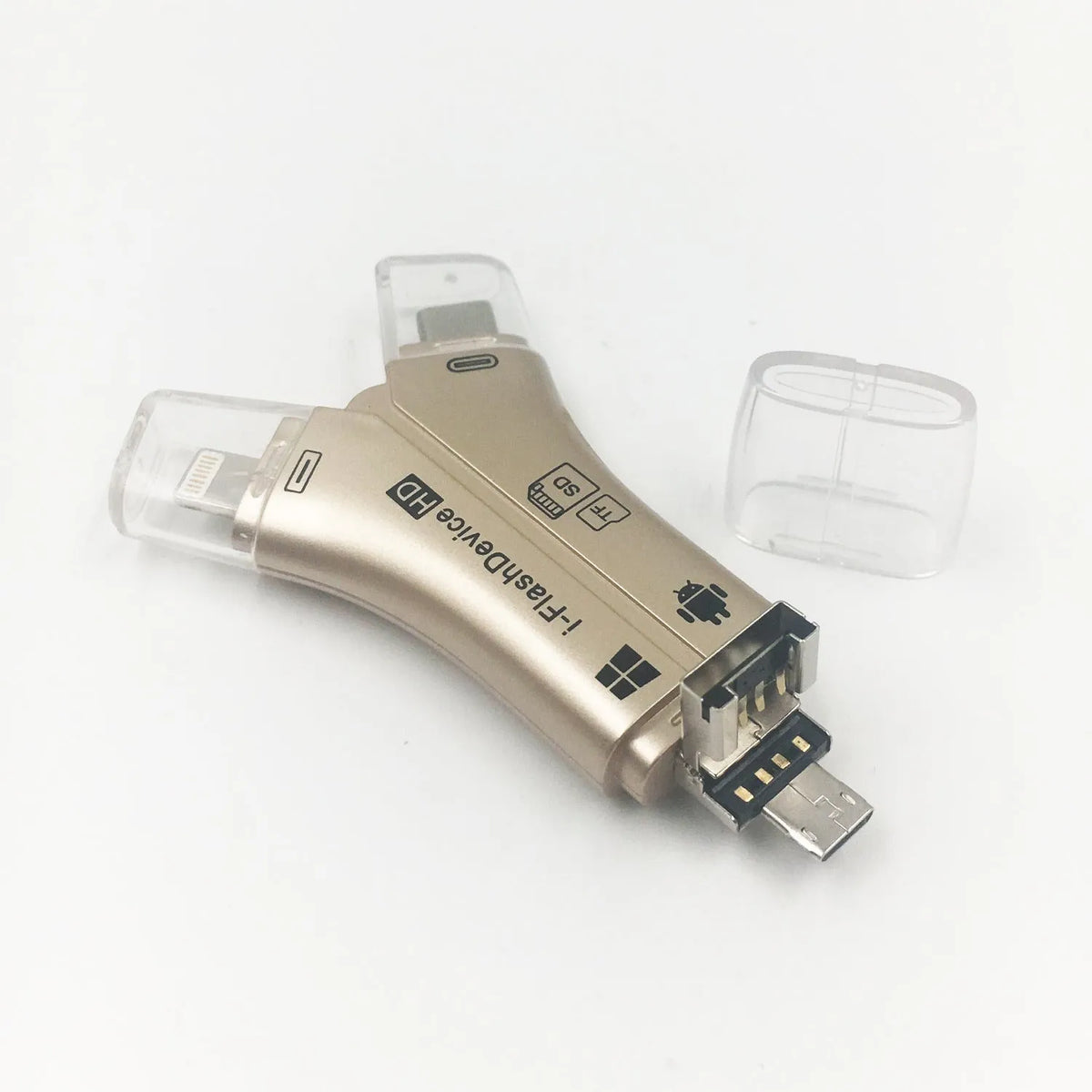 White 4-in-1 mobile phone card reader with USB, Lightning, Type-C, and MicroUSB ports