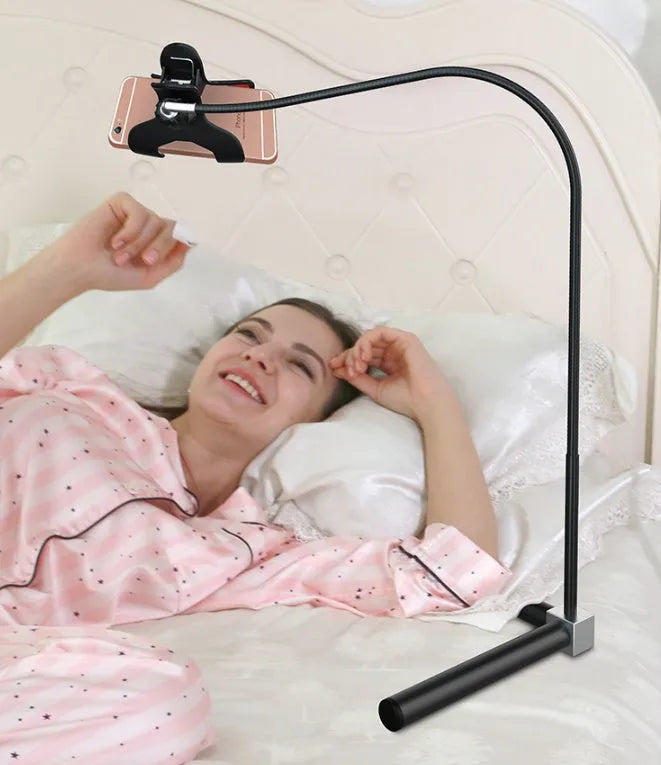 Universal mobile phone bed bracket with adjustable overhead support arm in black colour