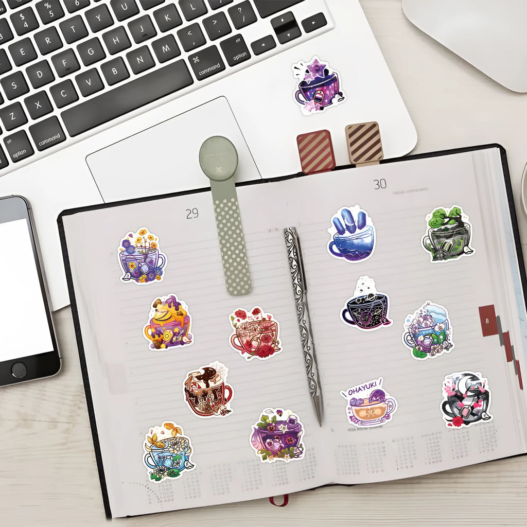 Colourful tea cup design waterproof graffiti stickers for scooters and luggage customisation