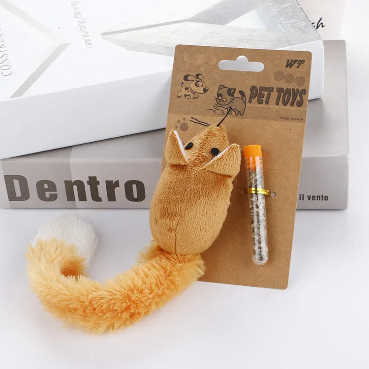 Plush cat mouse toy with mint refill, available in green, blue, orange, and coffee
