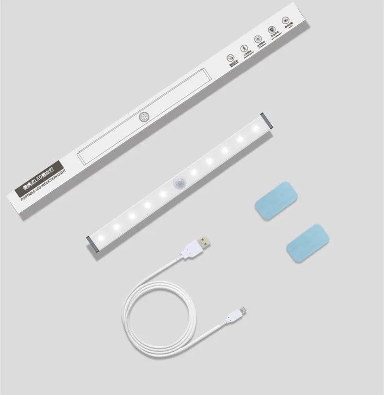 Aluminium magnetic LED closet light with motion sensor in white or warm white, shown mounted inside a wardrobe.