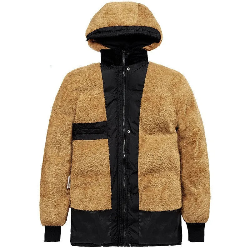 Men's black velvet-lined padded jacket with double-breasted placket and hood in loose fit