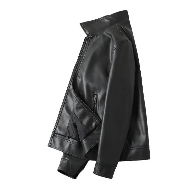 Black men's PU leather casual jacket with zipper pockets and loose fit