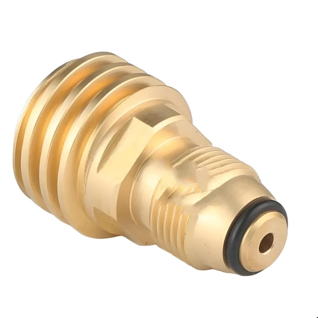 Gold-coloured brass gas adapter with internal thread for 7mm LPG charging connections.
