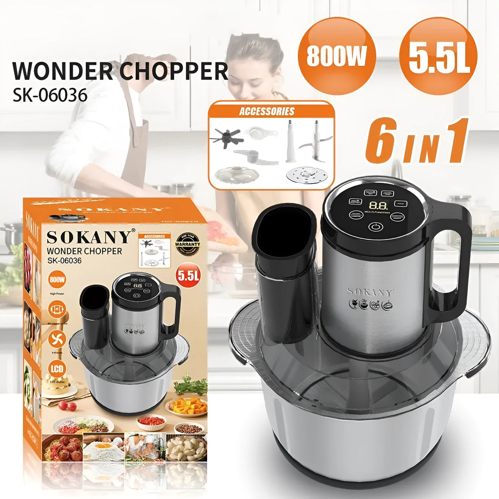 Stainless steel meat grinder and vegetable cutting machine on a kitchen counter