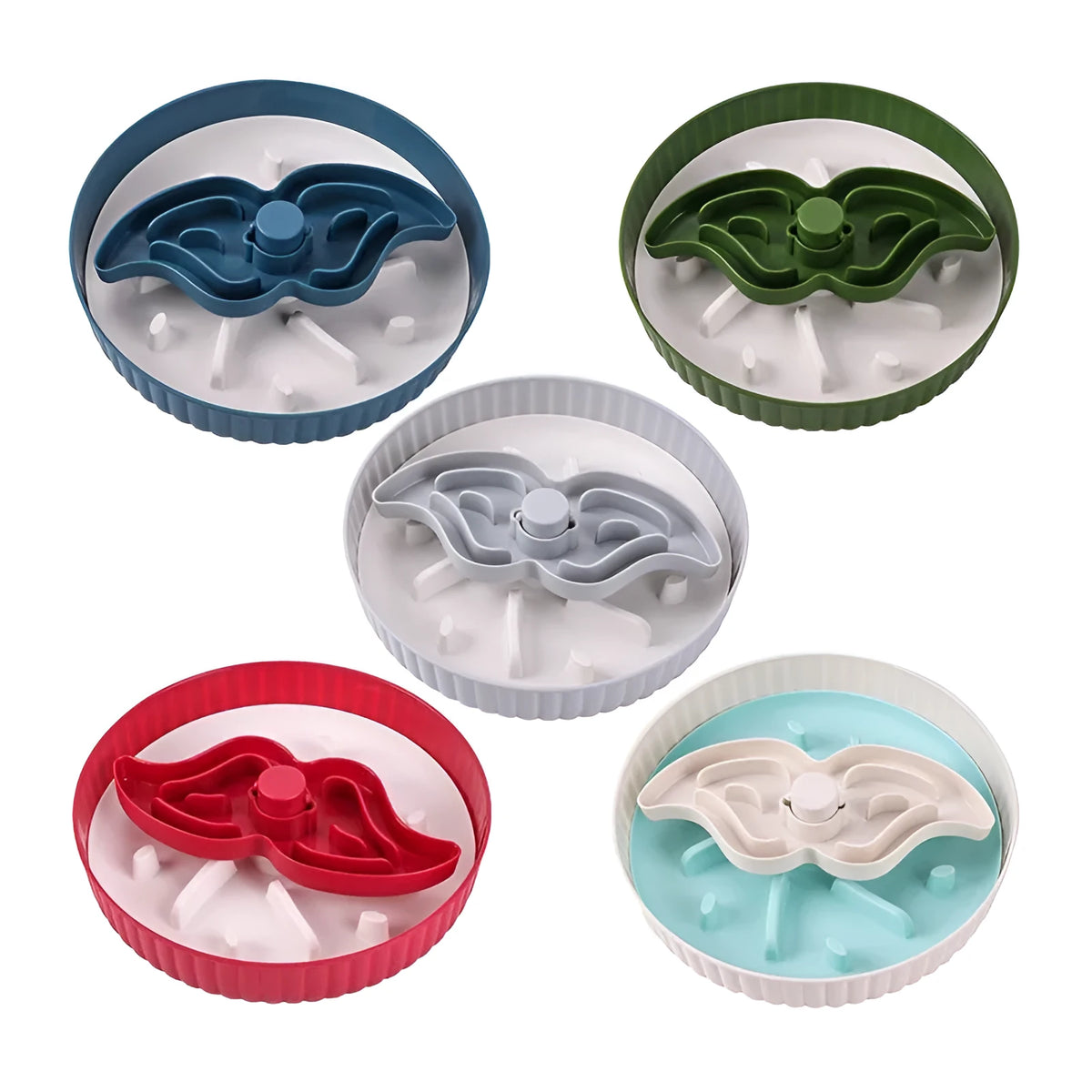Rotating pet slow feeder bowl with a blue windmill-pattern silicone licking mat inserted.