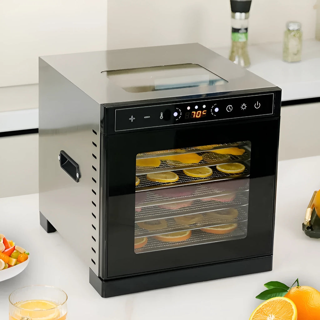 Stainless steel fruit dehydrator appliance with multiple stacking trays and an LED control panel.