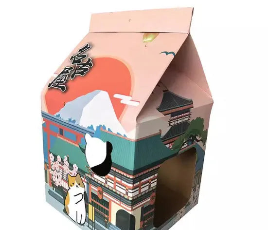 A foldable corrugated paper cat scratching board with a Nagoya cat graphic design, shown both open and closed.