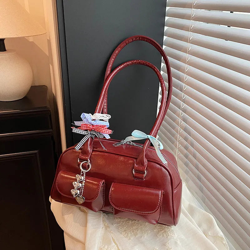 Retro pillow-shaped women's shoulder bag in PU leather with double straps
