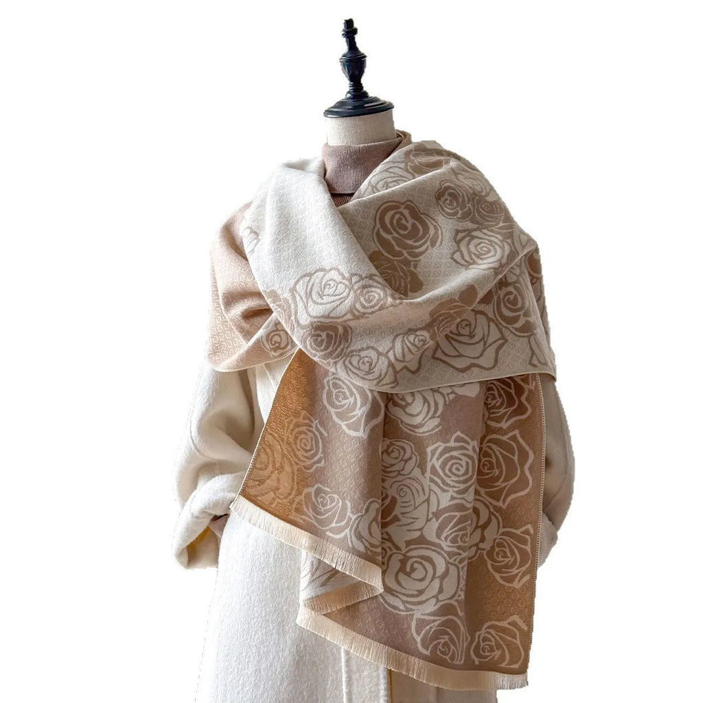 Imitation cashmere scarf measuring 185cm by 65cm with tassel fringe in winter colours