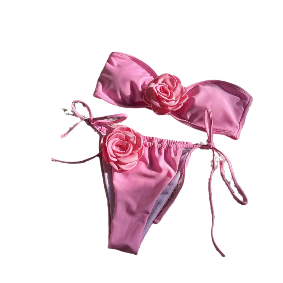 Women's rose tube top swimsuit with drawstring straps in light purple, shown with briefs-style bottom.