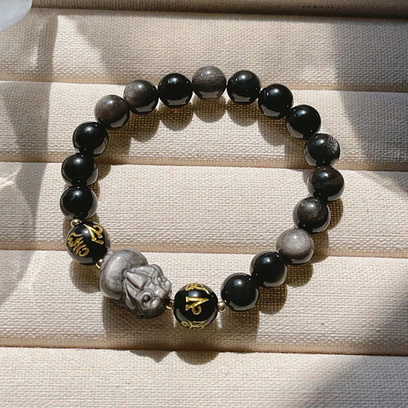 Men's silver stone bracelet with zodiac and proverb beads in Chinese style