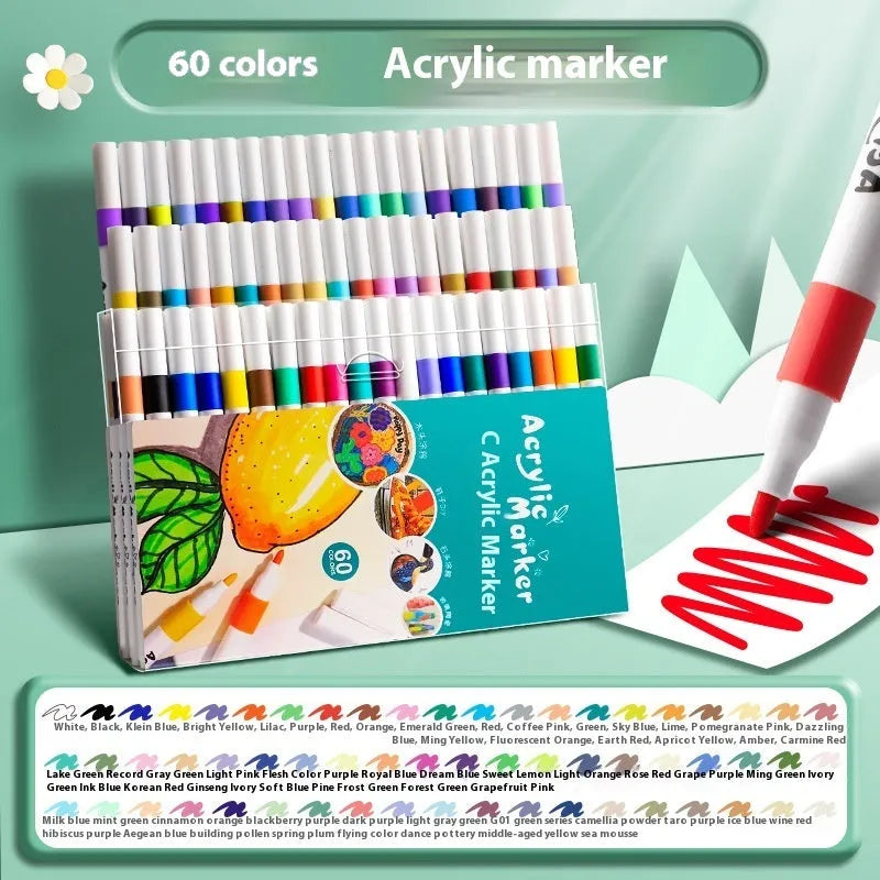 Box of multicolour acrylic marker pens for students, showing plastic bodies.