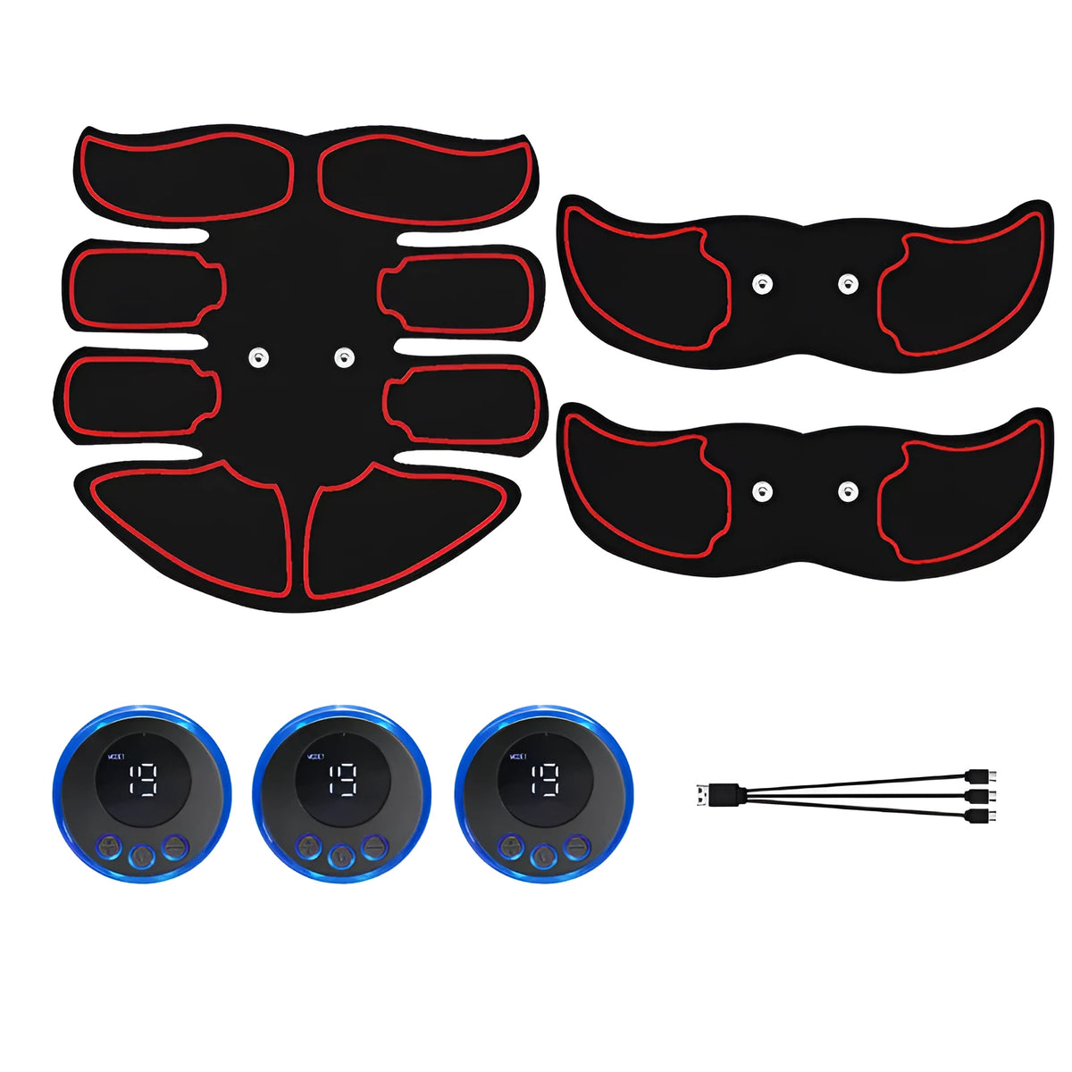 Digital display abdominal muscle trainer patch with charging port and three adhesive patches