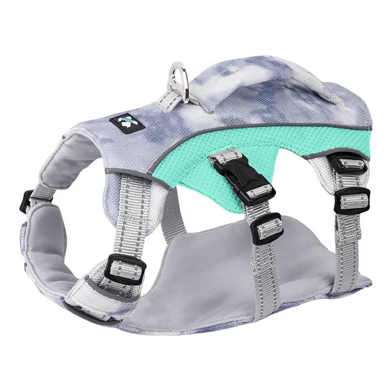 Reflective light blue adjustable dog chest strap harness made of polyester