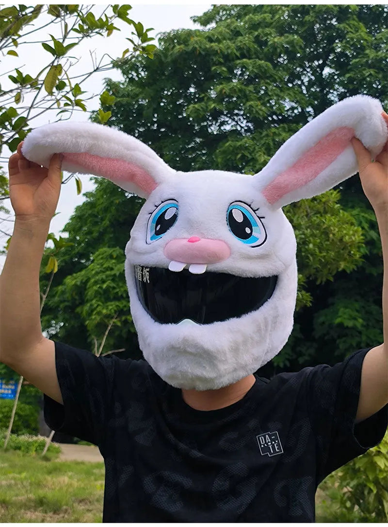 White rabbit head decorative cover on motorcycle helmet with long ears and plush pp cotton material