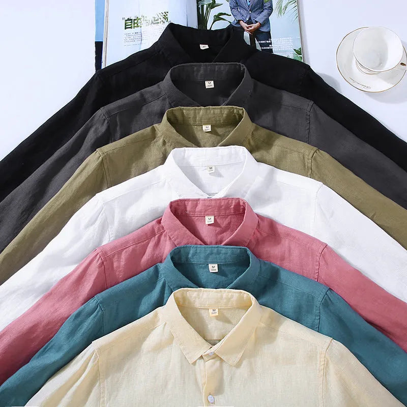 Men's pure linen shirt in cardigan style showing solid colour and long sleeves