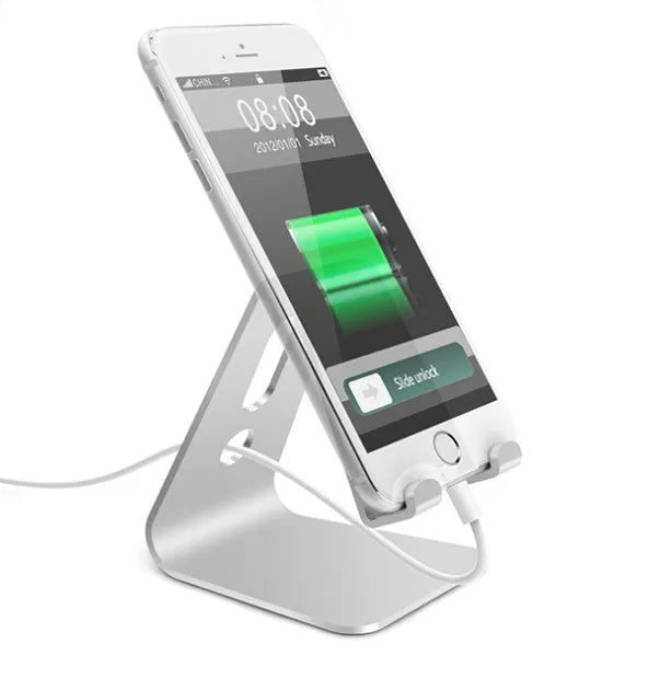 Aluminium alloy universal phone holder in black, red, rose gold, and silver colours for tablets and mobile phones.