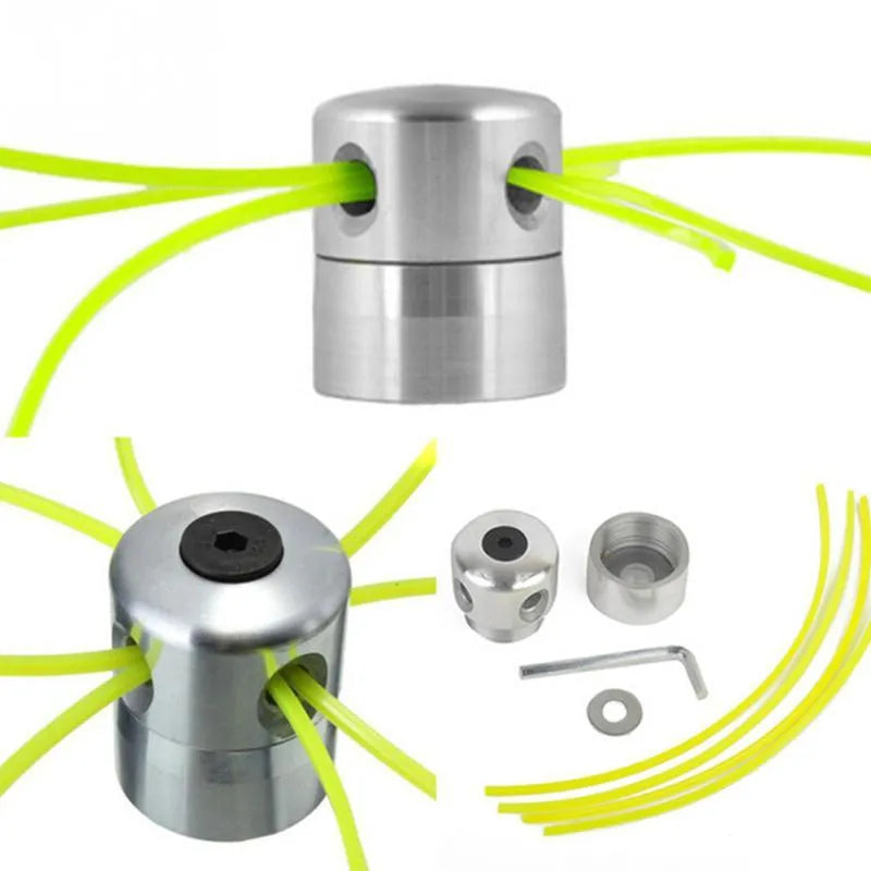 Silver aluminium lawn mower grass head replacement kit with four light yellow square strings and wrench