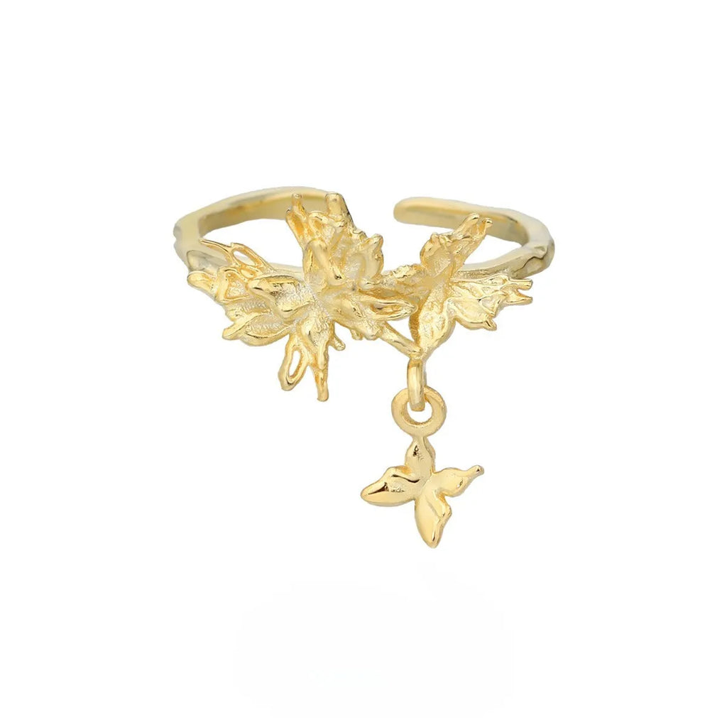 Adjustable opening silver butterfly ring with electroplated gold colour finish