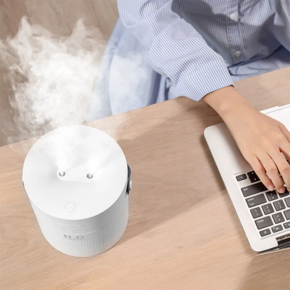 Slim wireless USB rechargeable humidifier with 1.1L tank, available in green, grey, pink, or white colours