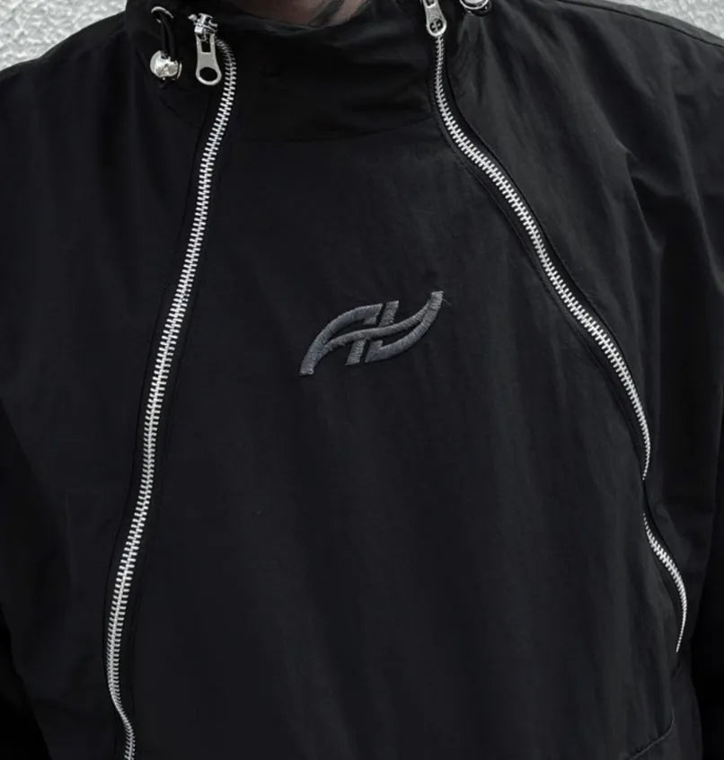 Black double zipper stand collar shell jacket in 100% polyester, men's outerwear, sizes M L XL