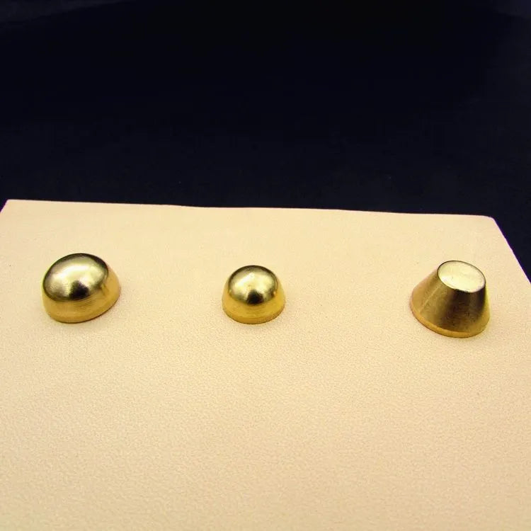 Brass decorative buckles showing 10mm and 12mm sizes with geometric and round foot nail designs