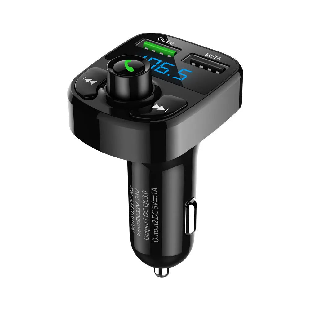 HY82 car MP3 player with Bluetooth plugged into a vehicle cigarette lighter socket.