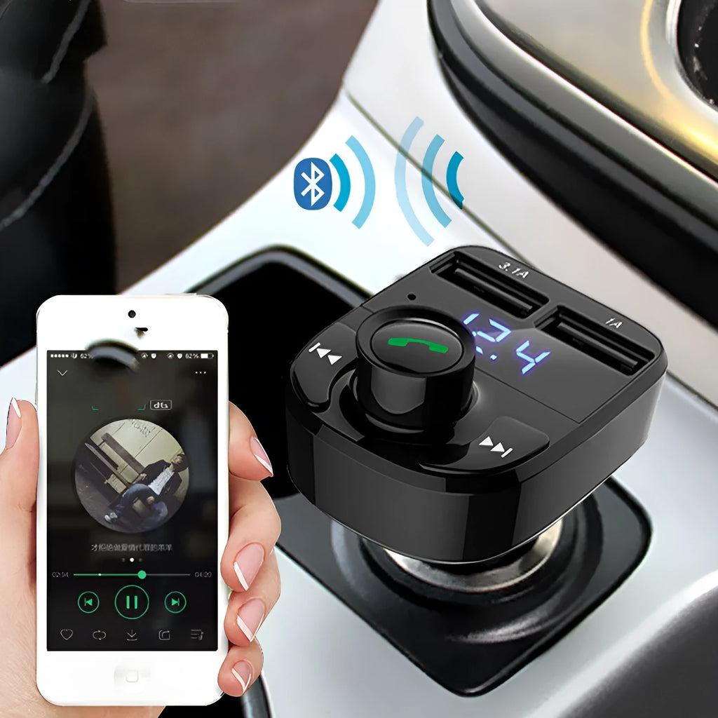 HY82 car MP3 player with Bluetooth plugged into a vehicle cigarette lighter socket.