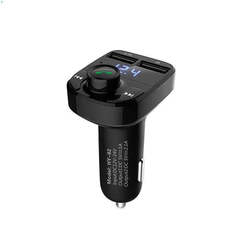 HY82 car MP3 player with Bluetooth plugged into a vehicle cigarette lighter socket.